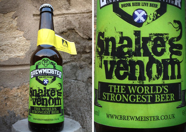 Một nhà máy bia ở Scotland đã tạo ra loại bia đứng đầu bia mạnh nhất thế giới với tên gọi Brewmeister Snake Venom. Bia rắn Venom được làm từ khói than bùn mạch nha, rượu vang và men bia với nồng độ cồn cực mạnh 67,5%.